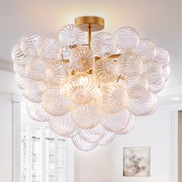 Nordic Bubble Ball Rotating Glass Ceiling Light Fixture 24 Inch Diameter Brass and Clear Blown Glass Small Pendant Light for Bedroom Study Bathroom