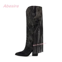 Fringe Crystals Knee High Boots Newest Round Toe Chunky Heels Tassels Rhinestones Women's Boots Winter Runway Party Shoes Sexy
