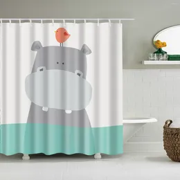 Shower Curtains Cute Cartoon Hippopotamus Animal Print Curtain Waterproof Fabric Simple Flower And Plant Art Painting Bathroom Decoration