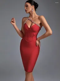 Casual Dresses Crystal Bandage Dress Women Red Bodycon Evening Party Elegant Sexy Halter Neck Midi Birthday Club Outfits 2024 Summer
