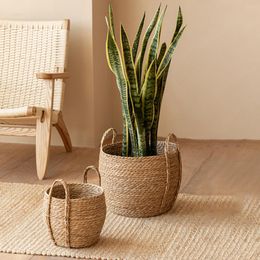 Seaweed Wicker Basket Rattan Hanging Flowerpot Dirty Clothes Storage with Handle