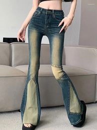 Women's Jeans Vintage High Waist With Rivet Spliced Slim Fit Flare Pants 2024 Autumn Fashion Clothing