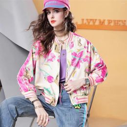 Women's Jackets Spring And Autumn Pink Printed Coat Loose Long Sleeve Collar Casual Jacket Top For Women
