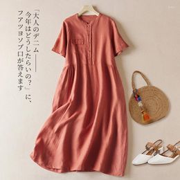 Party Dresses Cotton Linen Single-breasted Stand-up Collar Short-sleeved Dress Female 2024 Summer Korean Temperament Loose Big Yards Casua