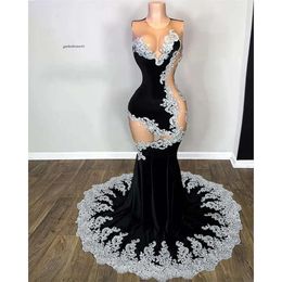 Sier Lace Appliques Veet Mermaid Prom Dresses Sheer Mesh Top O Neck Sexy Birthday Dress Black Girl Vestidos Evening