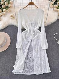 Chinese Style Button Up Long Sleeved Sun Protection Dress For Women 2024 Summer Slim Fit Beach Lace Tunic K641