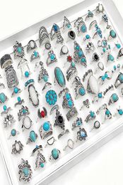 Band Rings 50 100Pcss Lot Vintage Boho Blue Stone Turquoise for Women Whole Mix Styles Ethnic Finger Ring Set Jewelry Party Gifts 9928216