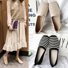 Casual Shoes Spring Summer Ballet Flats Women Knit Fabric Stretchy Square Toe Flat Heel Boat Shoesisd34