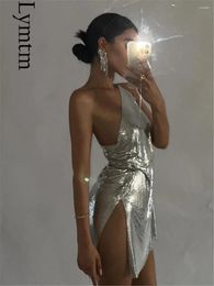 Casual Dresses Glitter Metallic Sequins Mini Dress Sexy Backless Single Shoulder Side Split For Women Rave Festival Party Evening