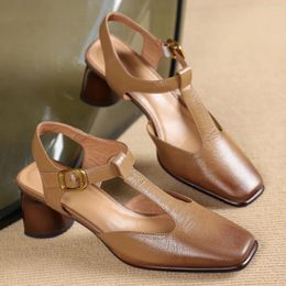 Sandals Plus Size 34-42 Women's Sheepskin Ankle Buckle T-strap Summer Pumps Elegant Ladies 6cm Round Toe Square Retro Heels