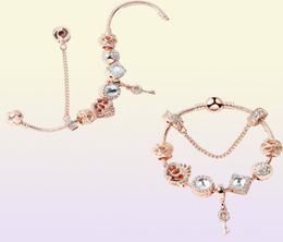 Original s 925 Silver Rose Gold Crystal Lock Pendant Bracelet DIY Beads Charm Safety Chain Bracelets Jewellery Holiday Gift8879534