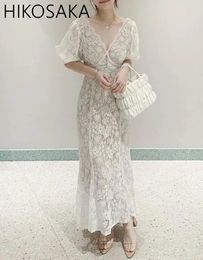 Casual Dresses Feminino Sexy Temperament Lace V-neck Women Slim Puff Short Sleeve Elegant Fishtail Robe 2024 Summer Japan Vestidos