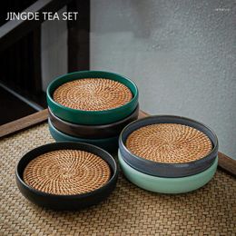 Tea Trays Vintage Coarse Pottery Teapot Tray Water Storage Kettle Mat Circular Ceramic Rattan Tradition Teaware Accessories