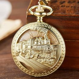 Pocket Watches Gold Mechanical Watch Hollow Steampunk Train Engraved Hand Winding Skeleton Fob Chain Necklace Pendant Clock6224704