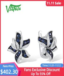 Stud Earrings VISTOSO Genuine 14K 585 White Gold For Women Sparkling Diamond Sapphire Elegant Blue Lily Flower Trendy Fine Jewelry8894230