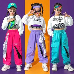 Hip Hop Girls Colourful Cargo Pants Crop Top Child Streetwear Cheerleader Solid Joggers Kids Jazz Street Dance Stage Clothes Sets