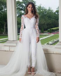 New Style Jumpsuit Wedding Dresses With Detachable Train Long Sleeve Lace plus size wedding dresses bridal gown Country robes de m8085445