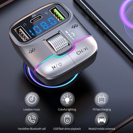 Car Bluetooth-compatible Charger FM Transmitter PD Type-C Dual USB Colorful Ambient Light Cigarette lighter MP3 Music Playe