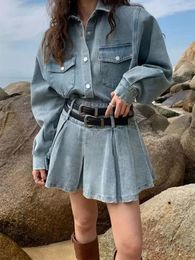 Spring Autumn High Grade Sweet Cool Denim Skirts Suit Vintage Jean Jacket Pleated Short Skirt Two Piece Set Women Outfits 240412