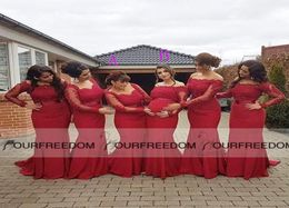 African Style Red Bridesmaid Dresses Plus Size Maternity Off Shoulder Long Sleeves Lace Backless Pregnant Formal Dresses Saudi Ara3564494