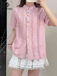 Women's Blouses Spring Cotton Embroidery Shirt Women Stand Short Sleeve Tops Girl Fashion Literature Casual 2024 Autumn T44177QC