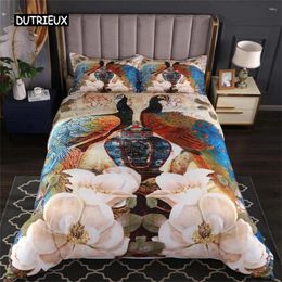 Bedding Sets Luxury Pink Peacock Duvet Cover Floral Set Retro Animal Feather Theme Comforter For Bedroom Decoration