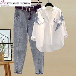 Spring and Summer Casual Womens Suit Korean Style Westernstyle Shirt Top Slim High Waist Jeans Twopiece Set 240412