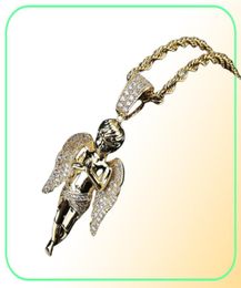 New 18K Gold Plated CZ Cubic Zirconia Hands Folded Angel Pendant Chain Necklace Hip Hop Rock Punk Rapper Jewelry for Men and Women9135081