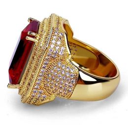 Fashion Big Male Wide Red Zircon Stone Geometric Ring Luxury Yellow Gold Iced Out Wedding Rings for Men Women Hip Hop Z3c175 Q07086388695