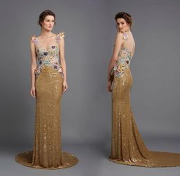 Sparkly Sequined Evening Dresses Hamda Al Fahim Sheer Jewel Neck Floral Appliqued Prom Gowns Sweep Train Keyhole Back Evening Dres5561091