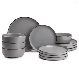 Plates Kitchen Set Dinnerware 12 Piece Dish Dinner Dining Plate Sand Bowl Dishwasher Washable