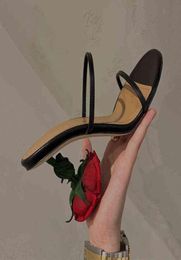 2022 Fashion Women Sandals Pointed Toe Black Rose Thin High Heels Elastic Band Slingback Summer Dress Sandals Slides Pumps Y2204281101981