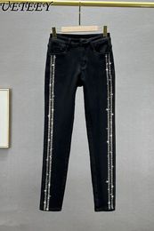 Women's Jeans Fleece Lined Warm Keeping Women Pantalon 2024 Winter High Waist Slimming Rhinestone Black Skinny Pants Denim Trousers