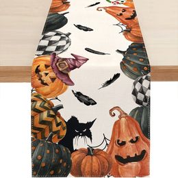 Tablecloth Halloween Graveyard Pumpkin Spider Bat Pattern Linen Table Runner Cloth Cover Anti-Slip Stain For Dinner Party Decor