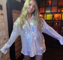 Women039s TShirt Autumn Women39s Casual White Sparkling Long Tshirt Dress Coat Women Fashion Colorful Sequined Cardigan Ove2824048