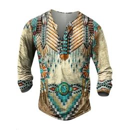 Indian Ethnic Style Henley Shirts 3D Print Shirt For Men Vintage Mens Clothing Long Sleeve ButtonDown T Tees Tops 240412