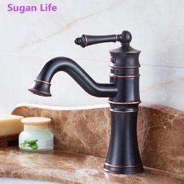 Bathroom Sink Faucets Sugan Life Deck Mounted Cold Water Faucet Brass Black Washing Basin Tap Long Neck Swivel Spout Mixer