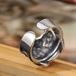 Men Pirate Stray Cat Ring Vintage Thai Silver Personality Wide One-eyed Cat Adjustable Punk Rock Hip Hop Jewelry Accessories