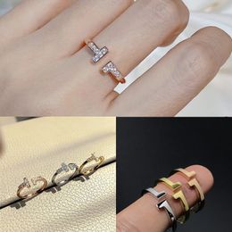 Women Luxury Diamond Ring Designer Ring Men's Double T Open Love Ring Wedding Gold Ring Popular Fashion Classic High Quality Jewelry Blue Box