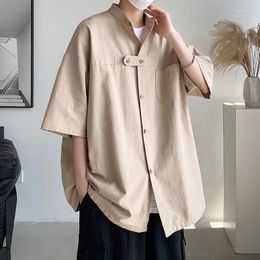 Men's Casual Shirts Korean Style Man Short Sleeve Shirt Cotton Single Pocket Stand Collar Plain Men Wear Oversized Blouse Boy Hawaiian Beach