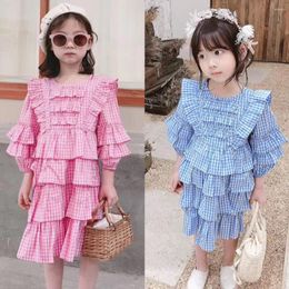 Girl Dresses Autumn 2024 Baby Girls Clothes Dress Pink Blue Plaid Cotton Three Quarter Sweet Kids Princess