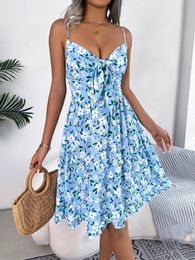 Women Summer Casual Lace Up Floral Print Ruffles A Line Dress Beach Clothing 240412