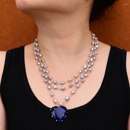 Pendant Necklaces G-G 3 Rows Natural Gray Baroque Keshi Pearl Chain Necklace Blue Quartz Heart Women Gifts