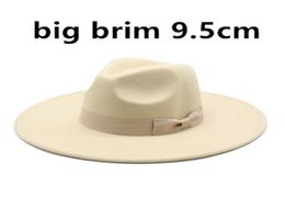 95cm Large Brim Wool Felt Fedora Hats With Bow Belts Women Men Big Simple Classic Jazz Caps Solid Colour Formal Dress Church Cap4587559