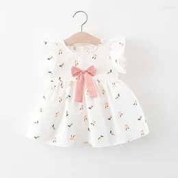Girl Dresses 2024 Summer Outfit Born Baby Korean Cute Bow Sleeveless Cotton Infant Princess Printing Dress Toddler Clothes