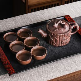 Handmade Purple Clay Tea Pot, Kung Fu Tea Set, Kung Fu Tea Set, Wide Mouth, Three Friends Pot, Embossed Red Clay