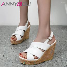 Dress Shoes ANNYMOLI Women Sandals Wedges High Heel Buckle Round Toe Ladies Footwear Summer White Black Size 34-43 Fashion