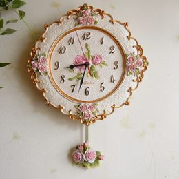 Luxury Pink Wall Clock Vintage Swing Pendulum Clock Wall Creative Living Room Bedroom Watch Silent Shabby Chic Wall Clocks Resin