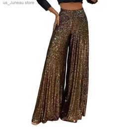 Women's Pants Capris High Waist Elastic Waistband Straight Full Length Women Pants Club Night Sequins Loose Wide Leg Pants 1 T240415