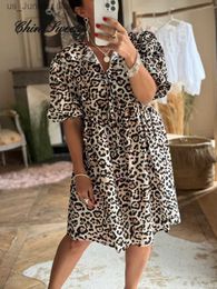 Basic Casual Dresses Leopard Print Lace Up Dress Women Fashion Half Slve O neck A-line Female Mini Dresses 2024 Summer Hallow Out Loose Robe T240412